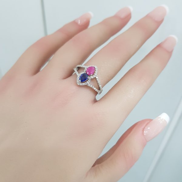 White Gold Diamond Ring with Natural Sapphire and Ruby - R7582