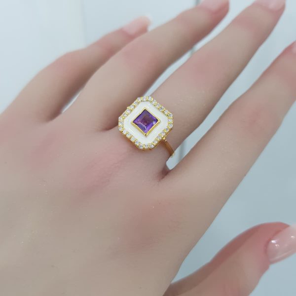 Yellow Gold Diamond Ring with Amethyst - R4499