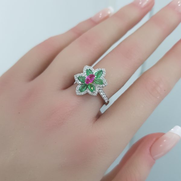 White Gold Diamond Ring with Natural Emerald and Ruby - R4602
