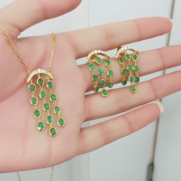 Yellow Gold Diamond and Natural Emerald Set - E4980, 5443