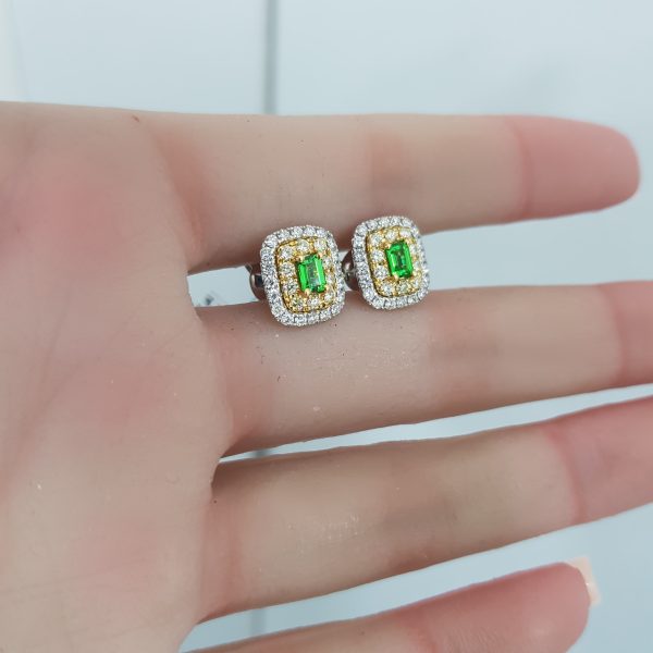 White and Yellow Gold Diamond Earrings with Natural Emerald - E4963