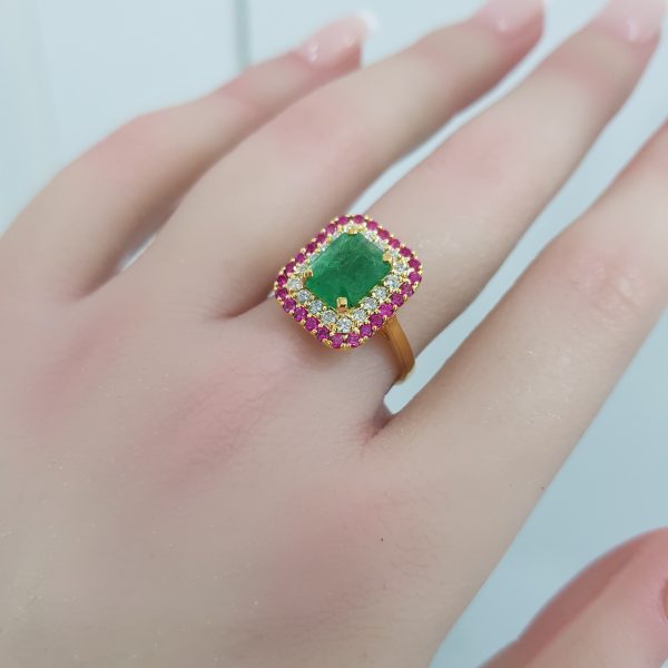 Yellow Gold Diamond Ring with Natural Emerald & Ruby - R7538