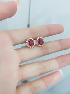 Yellow Gold Diamond Earrings with Ruby - E4792