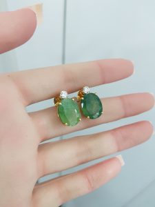 Yellow Gold Diamond Earrings with Natural Emerald - E4611