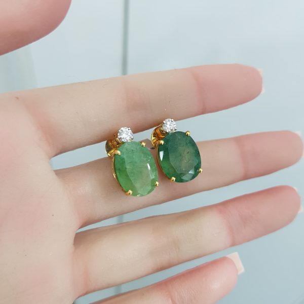 Yellow Gold Diamond Earrings with Natural Emerald - E4611