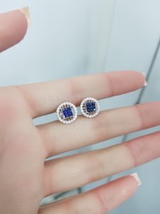White Gold Diamond Earrings with Natural Sapphire - E4852