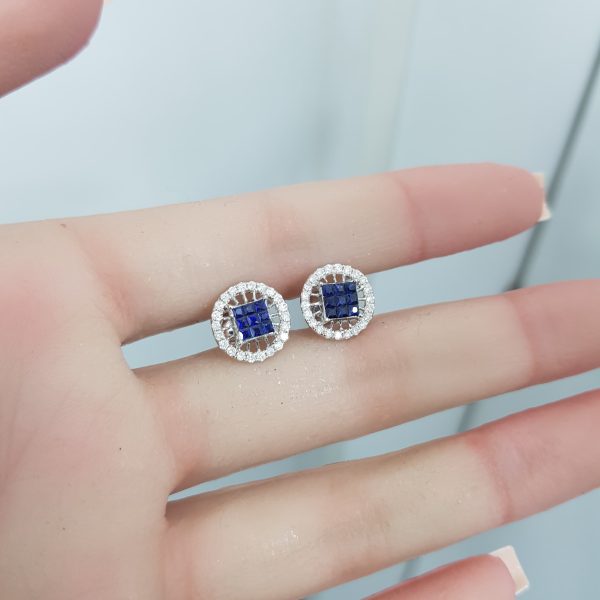 White Gold Diamond Earrings with Natural Sapphire - E4852
