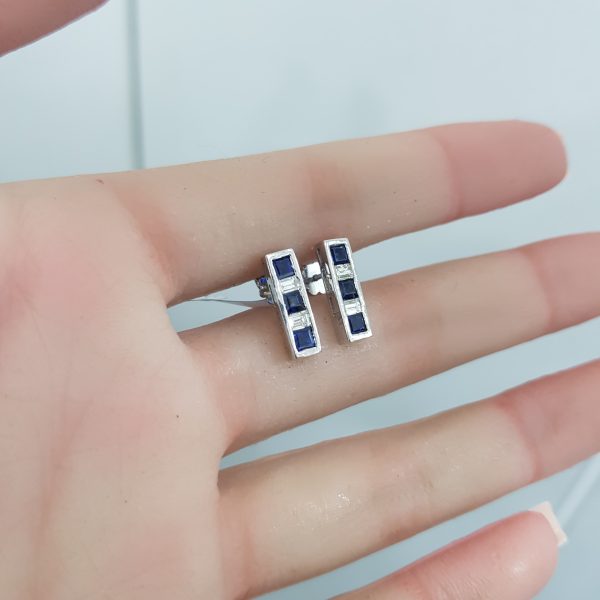 White Gold Diamond Earrings with Natural Sapphire - E4862