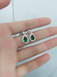 White Gold Diamond Earrings with Natural Emerald - E2006