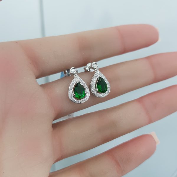 White Gold Diamond Earrings with Natural Emerald - E2006