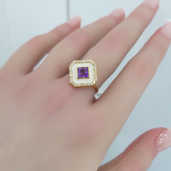 Yellow Gold Diamond Ring with Amethyst - R4498