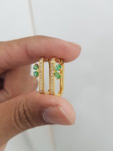 Yellow Gold Diamond Earrings with Natural Emerald - E5017
