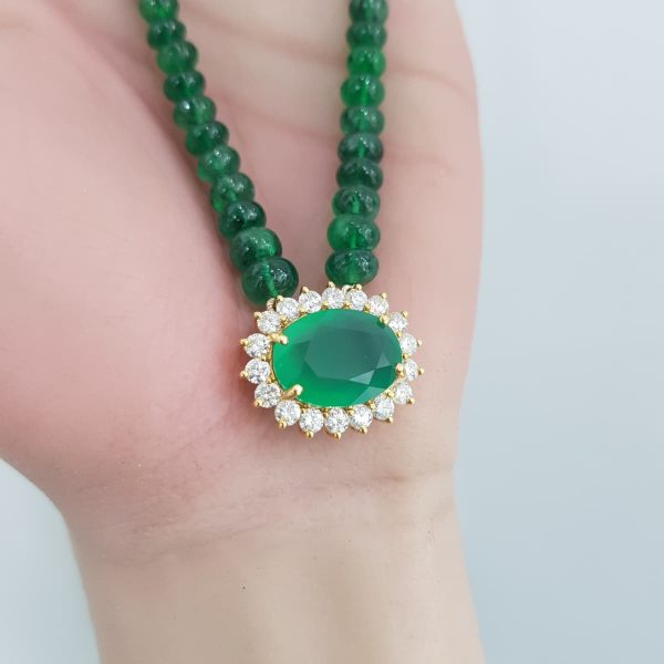 Yellow Gold Diamond Pendant with Emerald and Green Onyx - P5087