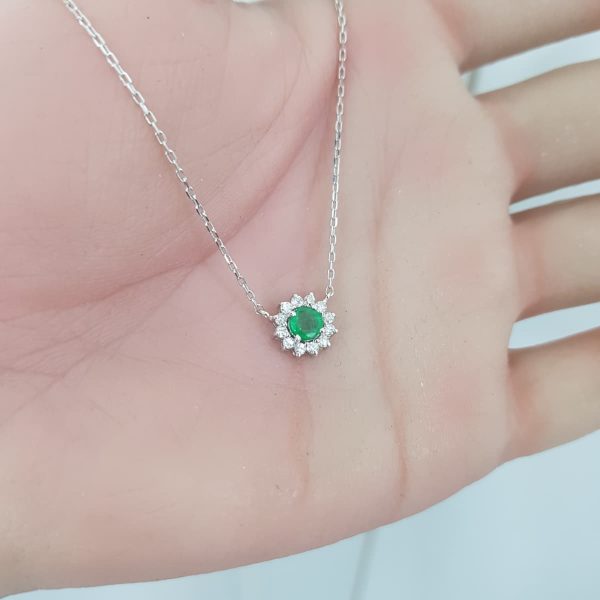 White Gold Diamond Pendant with Natural Emeralds - P5514