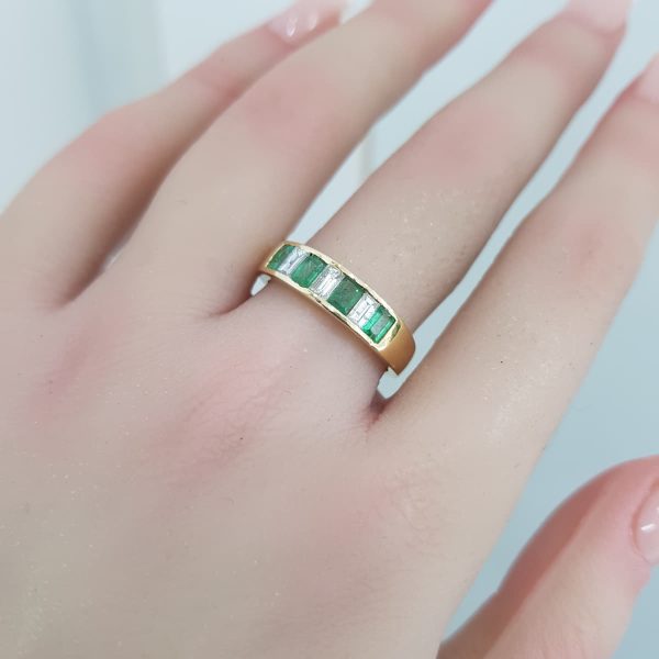 Yellow Gold Diamond Ring with Natural Emeralds - R7594
