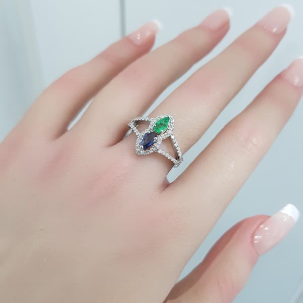 White Gold Diamond Ring with Natural Emerald and Sapphire - R7575