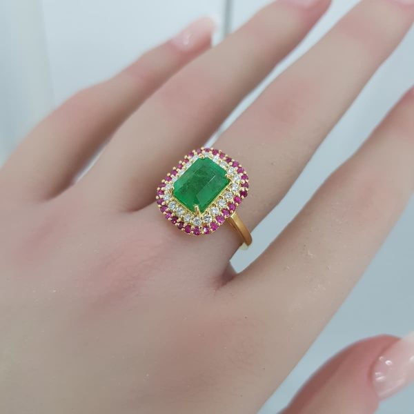 Yellow Gold Diamond Ring with Natural Emerald & Rubies - R7647