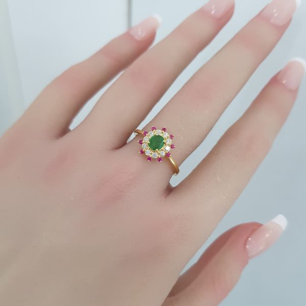 Yellow Gold Diamond Ring with Natural Emerald and Rubies - R7648