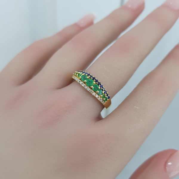 Yellow Gold Diamond Ring with Natural Emeralds and Sapphires - R7645