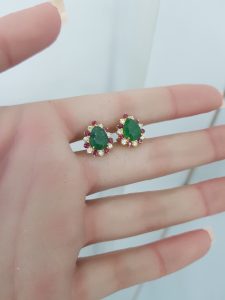 Yellow Gold Diamond Earrings with Natural Emerald and Rubies - E6519