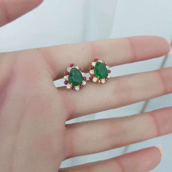 Yellow Gold Diamond Earrings with Natural Emerald and Rubies - E6519