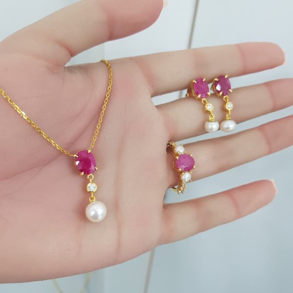 Yellow Gold Diamond Set with Natural Rubies and Pearls - R7651, E6531, P5542