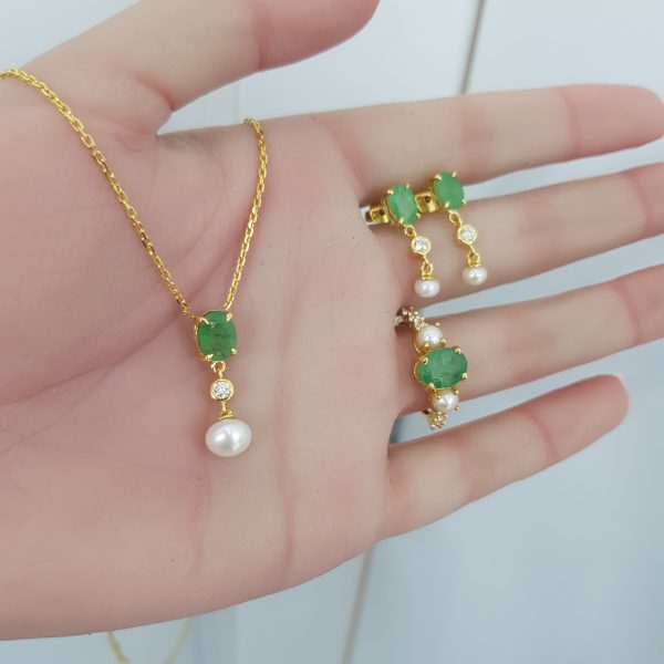 Yellow Gold Diamond Set with Natural Emeralds and Pearls - R7650, E6530 & P5544
