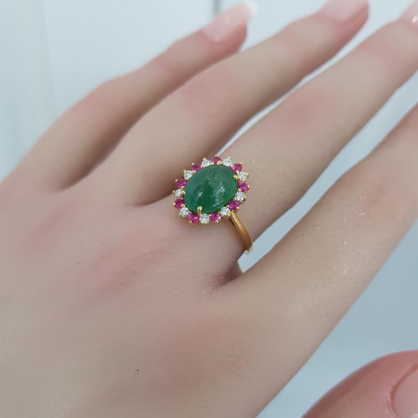 Yellow Gold Diamond Ring with Natural Emerald and Rubies - R7676