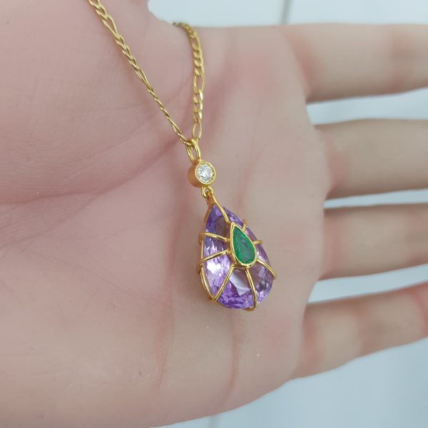 Yellow Gold Diamond Pendant with Natural Emerald & Amethyst - P5552