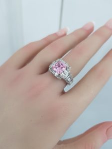 White Gold Diamond Ring with Pink Stone - R4521