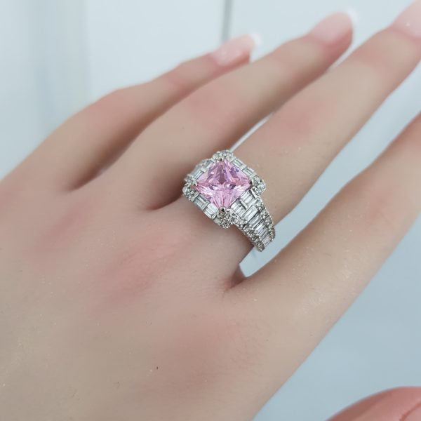 White Gold Diamond Ring with Pink Stone - R4521