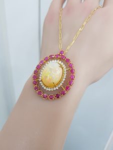 Yellow Gold Diamond Pendant with Natural Rubies and Opal - P5276