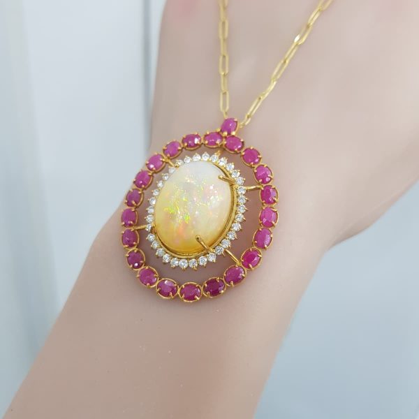 Yellow Gold Diamond Pendant with Natural Rubies and Opal - P5276