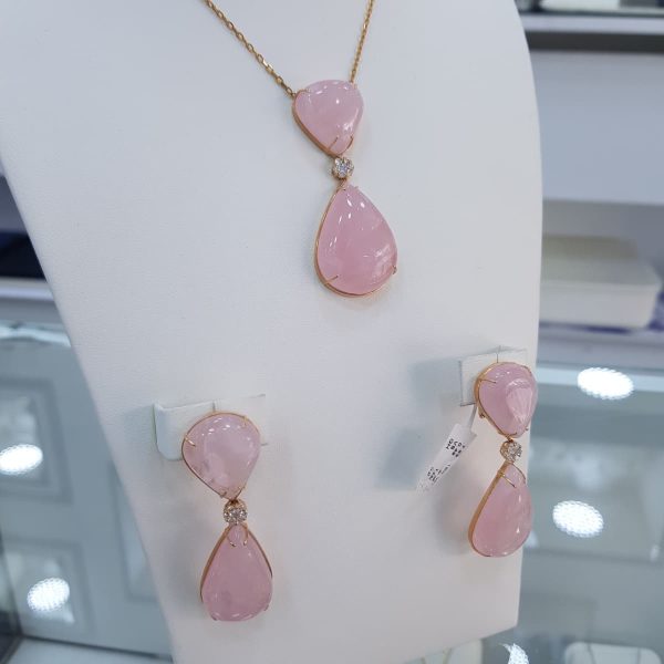 Yellow Gold Diamond Set with Rose Quartz - P5304 & E4823