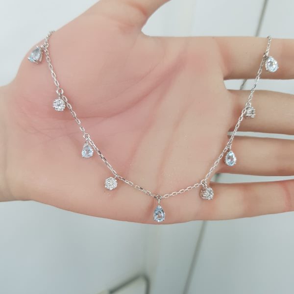 White Gold Diamond Choker with Aquamarine - P5538
