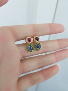 Yellow Gold Diamond Earrings with Natural Rubies, Sapphire and Peridot - E6572