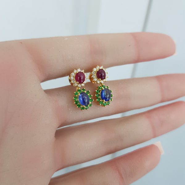 Yellow Gold Diamond Earrings with Natural Rubies, Sapphire and Peridot - E6572