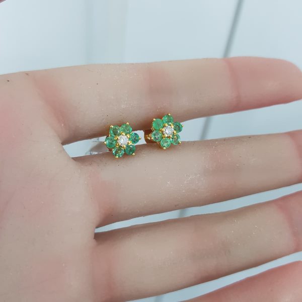 Yellow Gold Diamond Earrings with Natural Emeralds - E4637