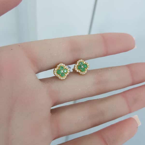 Yellow Gold Diamond Earrings with Natural Emeralds - E4804