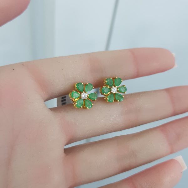 Yellow Gold Diamond Earrings with Natural Emeralds - E4806