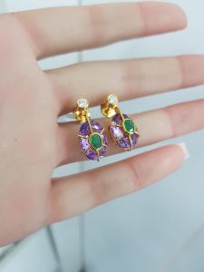Yellow Gold Diamond Earrings with Natural Emeralds and Amethyst - E6574