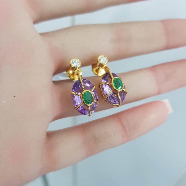 Yellow Gold Diamond Earrings with Natural Emeralds and Amethyst - E6574