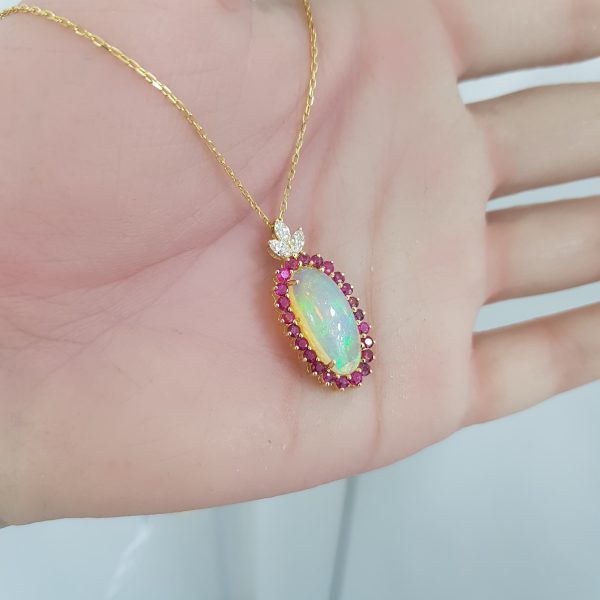Yellow Gold Diamond Pendant with Natural Rubies & Opal - P5572