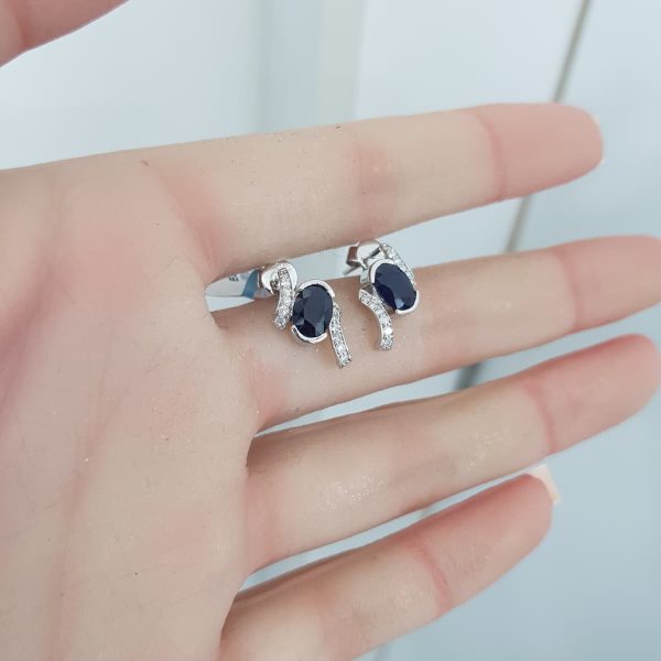 White Gold Diamond Earring with Natural Sapphires - E3433