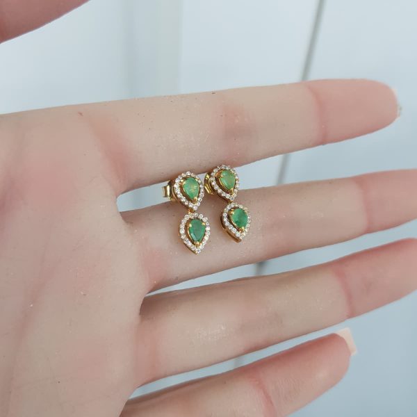 Yellow Gold Diamond Earrings with Natural Emerald - E0756